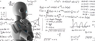 Ein Roboter steht vor einem Whiteboard mit mathematische Formeln. Er hält die Hand unter das Kinn und sieht nachdenklich aus.
