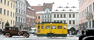 The Untermarkt square in Görlitz during the shooting of “Grand Budapest Hotel”.